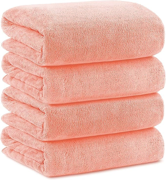 Orighty Microfiber Bath Towels Pack of 4(27'' x 54'') - Soft Feel, Highly Absorbent, Quick Drying for Body, Sport, Yoga, SPA, Fitness - Pink