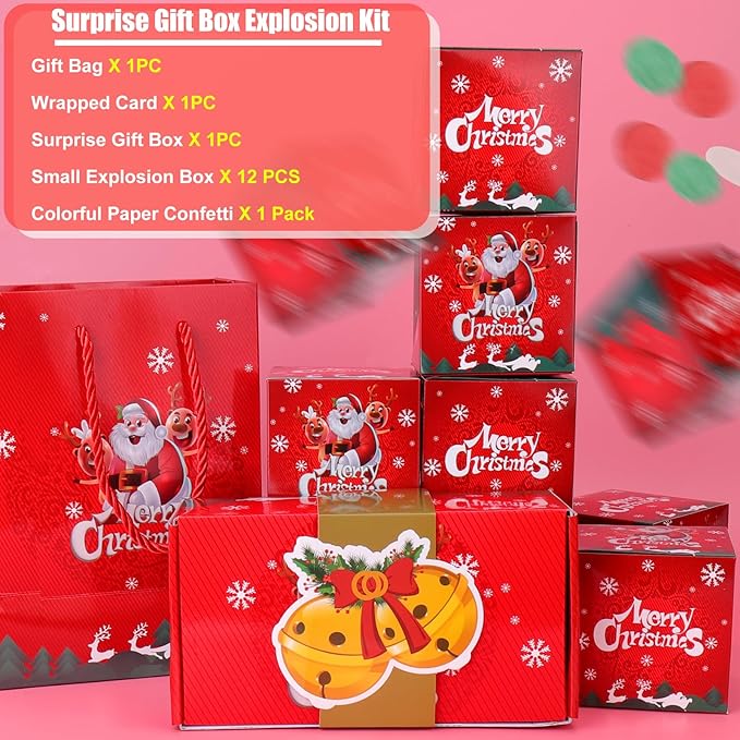 BABORUI Christmas Surprise Gift Box Explosion with Confetti, Seeroze Money Box for Cash Gift (Red Snowflake)