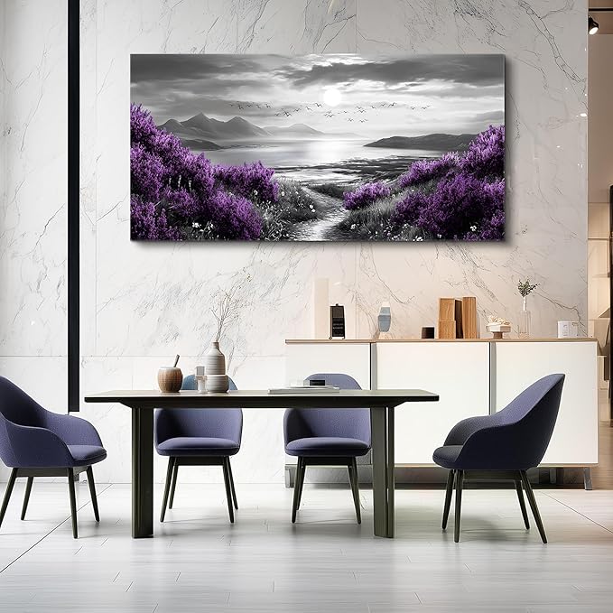 Canvas Wall Art for Living Room Large Wall Decor for Bedroom Modern Office Wall Decoration Purple Flowers Landscape Paintings Black and White Scenery Pictures Artwork Aesthetic Home Decor