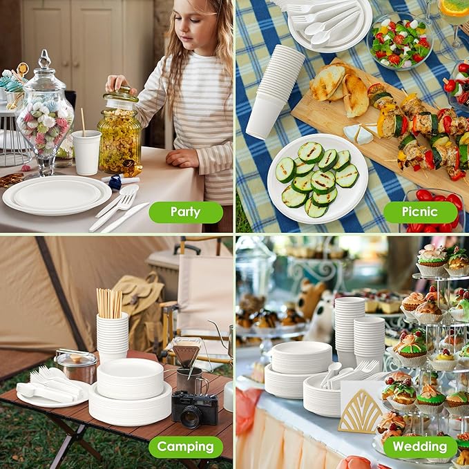 400PCS Compostable Paper Plates Set, Disposable Eco-friendly Dinnerware Set, Biodegradable Heavy-Duty Paper Plates, Utensils, Cups and Straws for Party Camping 50 (White)