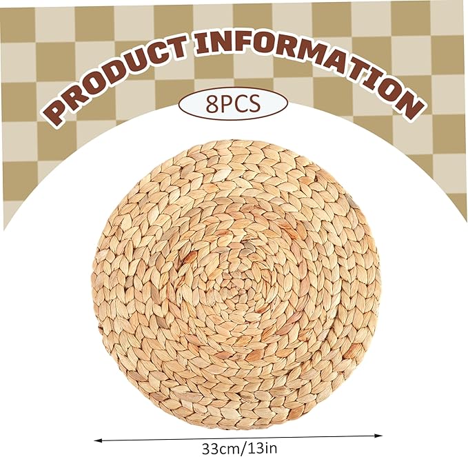 Wicker Placemats, Rattan Placemats, 8Pcs Woven, 13 Inch Farmhouse Round Water Hyacinth Braided for Dining Table, Home, Wedding