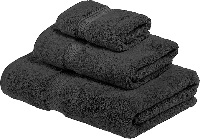 BLUENILEMILLS Buckingham Egyptian Cotton 3-Piece Towel Set, Washcloths, Hand Towels, Bath Towels, Charcoal