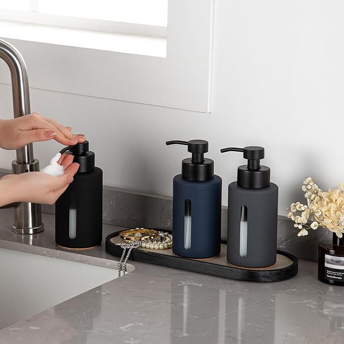 Enra Foaming Soap Dispenser with Window,12oz Bathroom Hand Soap Dispenser with Stainless Steel Foam Pump, Modern Thick Glass Refillable Bottle for Bathroom Kitchen (Black Foam Dispenser)