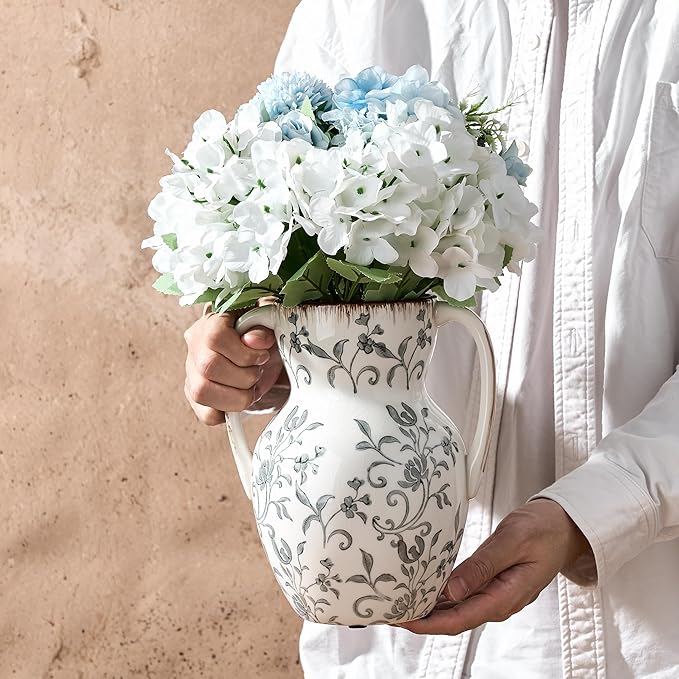 Gray and Beige Farmhouse Vintage Vase with 2 Handles, Chinoiserie Floral Vase, Rustic Ceramic Vases for Home Decor, Wedding, Living Room, Table, Shelf Decor - 8.3 Inch Tall