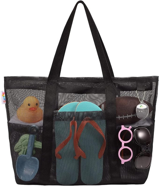 Tagitary Mesh Beach Bag with Zipper Large Beach Tote Waterproof Sandproof with 8 Pockets for Toys Pool Bag Beach Accessories