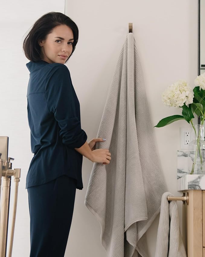 Cozy Earth Ribbed Bath Towel Set - 60% Cotton 40% Viscose from Bamboo Bathroom Towels - Soft & Absorbent Textured Ribbed Pattern - 2 Pack Light Grey