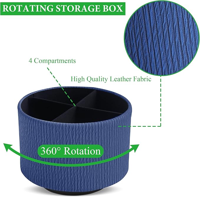 Hennaja Round Leather Art Supply Organizer,Remote Control Holder,360 Degree Spinning,Multi-Functional Pencil Holder,4 Compartments Desktop Stationary Organizer(1-Vertical Wood Blue)