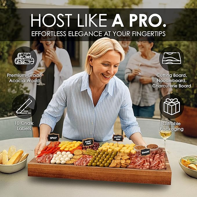 33"x 24" EXTRA LARGE Acacia Wood Cutting Board for Kitchen w/Juice Grooves, Tray Handles, Gift Box, Butcher Block, Serving & Charcuterie Tray, 10 Chalkboard Labels w/Chalk Pens