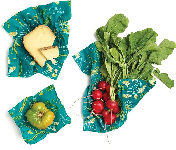 Bee's Wrap Beeswax Wraps for Food - Made in USA Reusable & Organic Food Wraps, Sandwich Wrap & Bowl Covers - Eco-Friendly Alternative to Aluminum Foil & Plastic Wrap, Ocean 3 Pack (S, M, L)