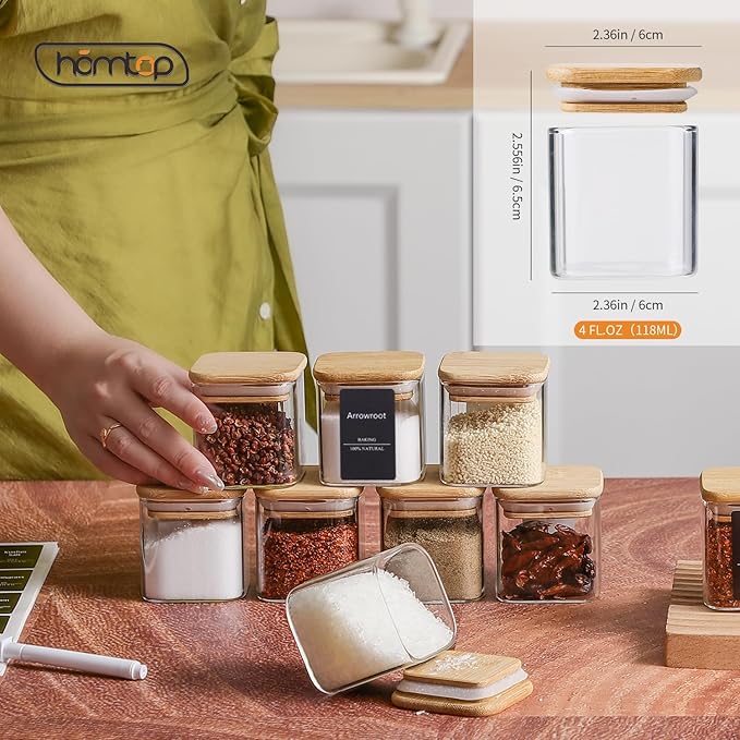 24Pcs 4oz Spice Jars with 275 Labels, Small Seasoning Glass Container Empty Organizer with Bamboo Lid Set for Pepper, Salt, Sugar