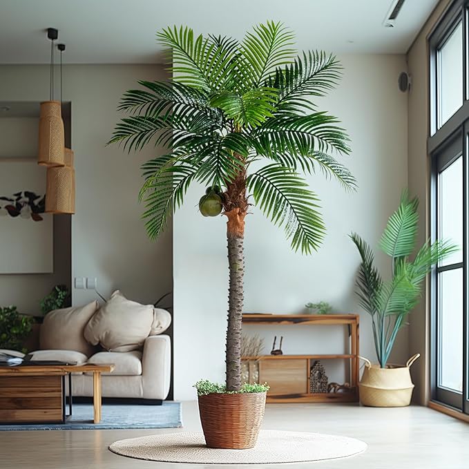 7.2FT Artificial Phoenix Palm Tree with Coconut Fruit Outdoor Indoor Decor Large Faux Coconut Silk Palm Tree Tropical Fake Tree Large Faux Sago Palm Plant for Home Yard Outside Patio Poolside