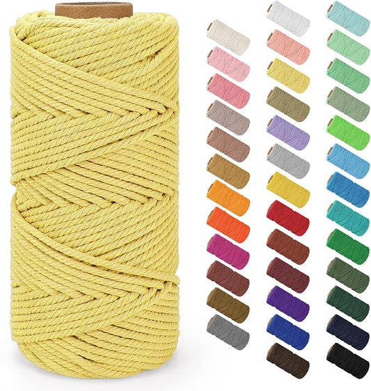 Macrame Cord 4mm x 109Yards (328Feet), Natural Cotton Macrame Rope - 4 Strands Twisted Macrame Cotton Cord for Wall Hanging, Plant Hangers, Crafts, Gift Wrapping and Wedding Decorations, Light Yellow