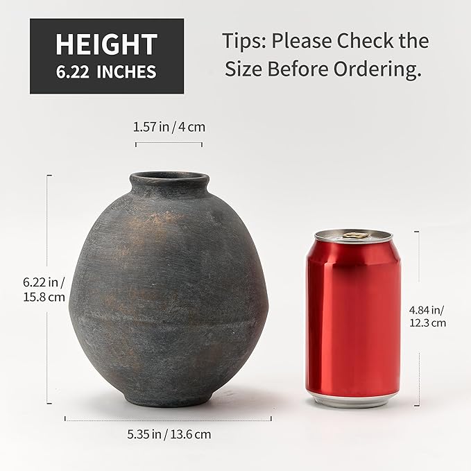 Ceramic Flower Vase, 6.22 Inch Rustic Farmhouse Vase Home Decor, Handcrafted Vintage Pottery Vase, Small Terracotta Vases for Living Room, Table, Shelf, Fireplace - Black Bronze