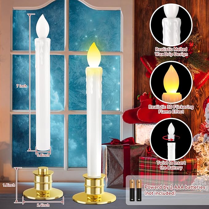 10 Pack Christmas Window Candles with Remote: Battery Operated LED Candles with Drip Texture with Timer - Flickering Flameless Candles with Candlesticks for Home Decor Christmas Halloween Wedding