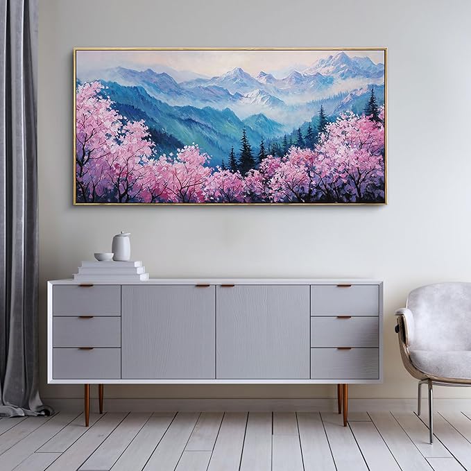 yiijeah Large Canvas Wall Art Work for Wall Decor Living Room Mountain Pink Tree Landscape Picture Framed Paintings Artwork for Bedroom Office Home Decoration