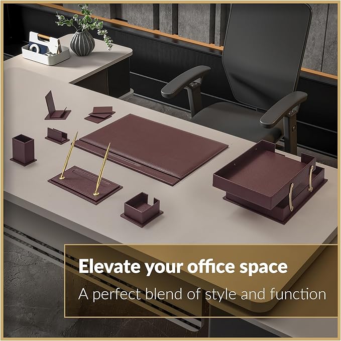 MOOGCO Bonded Set Luxury Leather Desk Pad & Desk Organization Essentials Desk Organizer Leather Desk Organizer (Burgundy)