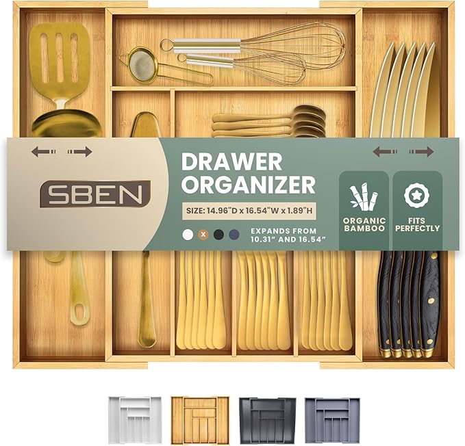 Sben Expandable Drawer Organizer for Utensils Holder, Adjustable Cutlery Tray, Wood Drawer Dividers Organizer for Silverware, Flatware, Knives for Kitchen (Bamboo)