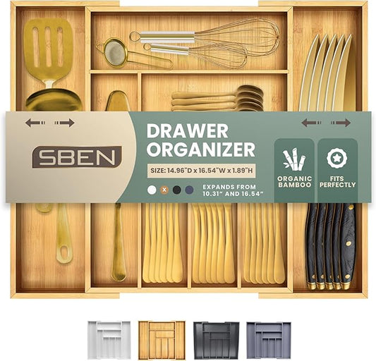 Sben Expandable Drawer Organizer for Utensils Holder, Adjustable Cutlery Tray, Wood Drawer Dividers Organizer for Silverware, Flatware, Knives for Kitchen (Bamboo)