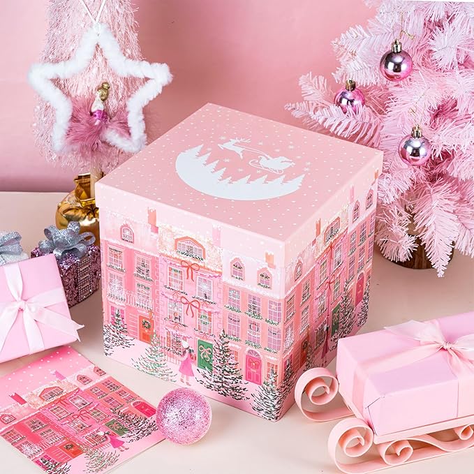 RUSPEPA Christmas Gift Box with Lid, Pink Holiday Townhouse Design with Santa Sleigh Lid, Medium Collapsible Holiday Box with Ribbon, Tissue Paper for Gift Wrapping, Candy Storage, 9x9x9 Inches, 1 Pcs