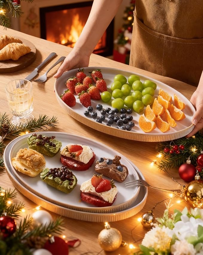famiware Serving Platter, 16/14.6/12.9 Inch Serving Dishes for Entertaining, Party Serving Trays for Food, Buffet Oval Platters for Food, Large Plates for Turkey Cheese Appetizer, Cappuccino White