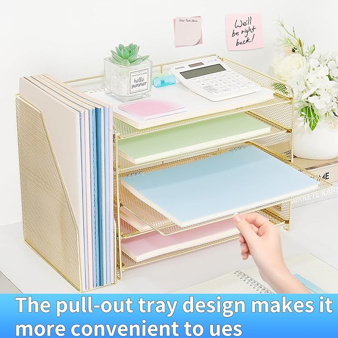 OPNICE 5-Tier Paper Organizer with Magazine Holder, Desk Organizers and Accessories, Office Desk Accessories & Workspace Organizers, Desktop File Organizer for Office Supplies Storage, Gold