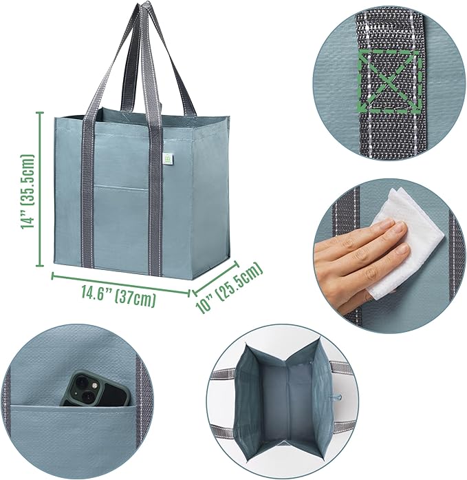 VENO 4 Pack Reusable Grocery Bags, Heavy-Duty Shopping Bags with Handles, Bags for Shopping Cart with Hard Bottom to Stand Upright, Foldable, Multi-Purpose(Light Blue, 4 Pack)