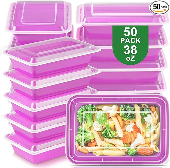 50 Pack Meal Prep Containers with Lids 38oz - BPA-Free, Reusable, Leakproof Food Storage Containers - Microwave/Dishwasher/Freezer Safe, To Go Take Out Plastic Food Storage Pans(Purple)
