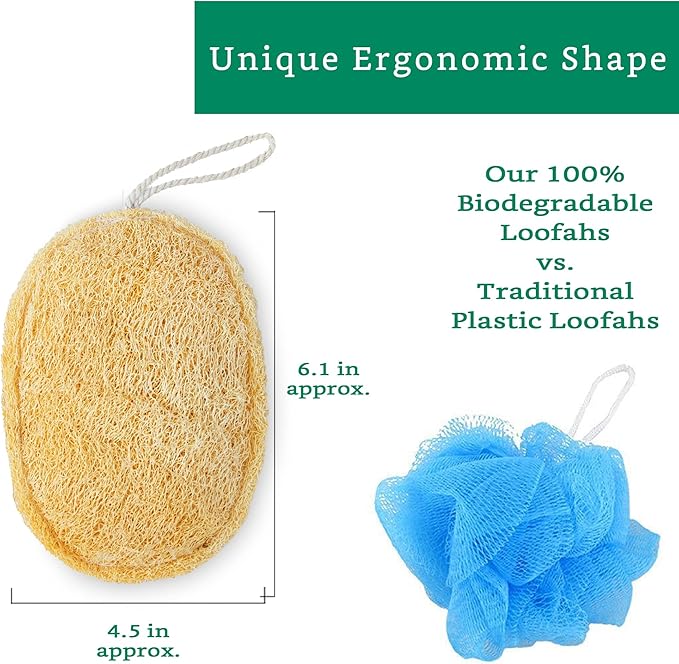 Natural Loofah Exfoliating Sponge (4 Pack) - Organic Body Scrubber - Biodegradable Shower Luffa