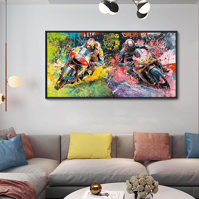 JEAWA Framed Canvas Wall Art - 24x48 In Large Abstract Painting Decor, Motorcycle Racing Color Graffiti Pictures, Modern Art Prints for Bedroom Living Room Bathroom Home Decoration