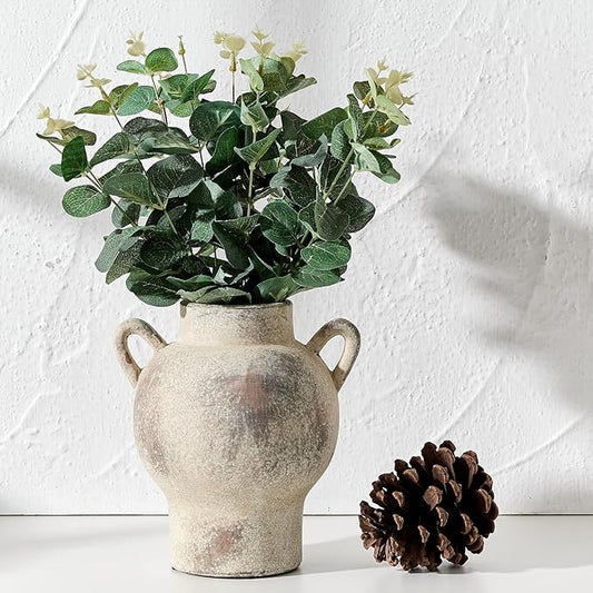 LUKA Antique Ceramic Vase with 2 Handle,7.28 inches Rustic Vase Minimalist Decor, Decorative Vases for Home Decor, Table, Living Room, Shelf, Christmas Decoration(Medium,Gray)