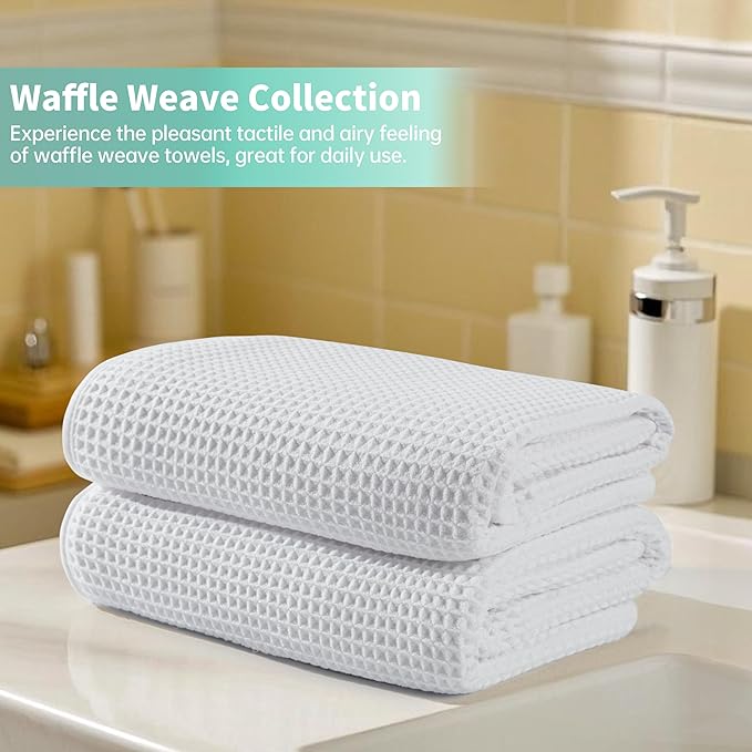 New Microfiber Waffle Bath Towels, 2 Pieces, Oversized, Soft, Absorbent, Fast Drying, Lint Free (White)