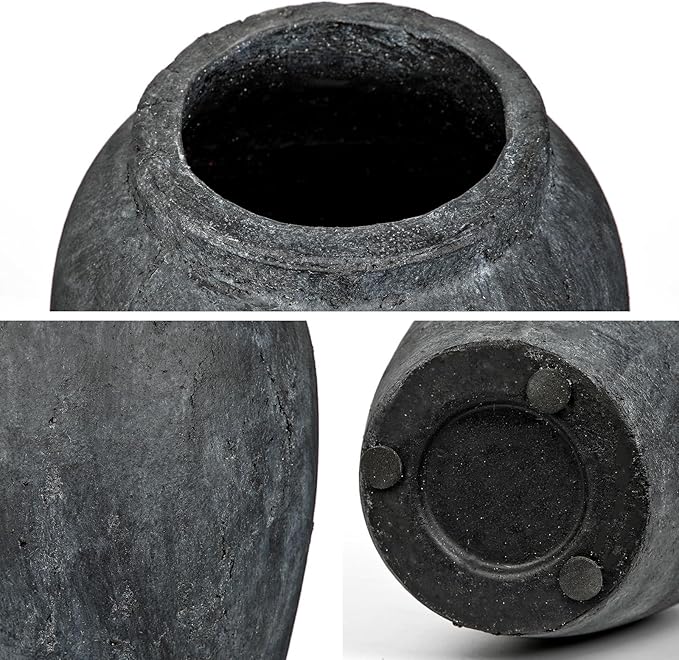 Handcrafted Flower Vase, 10.5" Tall Terracotta Vintage Black Ceramic Vases, Rustic Antique Vase Décor, Wide Mouth, Matte Finish for Home Office Resto Café Décor