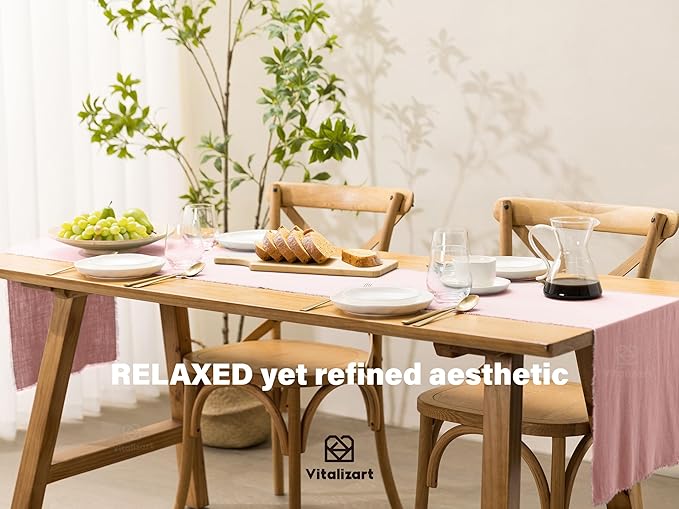 Vitalizart Pink Table Runner 14 x 120 Inches Long Slub Texture Cotton Linen Table Runner for Rustic Home Decorations Dining Room Wedding Decor Reception Bridal Shower Thanksgiving Christmas