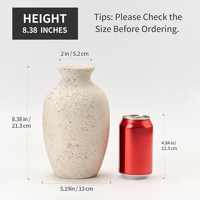 Ceramic Rustic Flower Vase, 8.38 Inch Vintage Pottery Home Decor, Antique Farmhouse Terracotta Vase for Living Room, Table, Shelf, Mantel Decoration, Farmhouse - Off-White