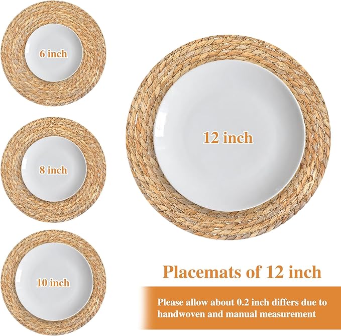 Set of 24 Round Woven Rattan Placemats, 12" Boho Farmhouse Table Mats Natural Cattail Charger Plates for Dining Table Decor Heat-Resistant Braided Place Mats