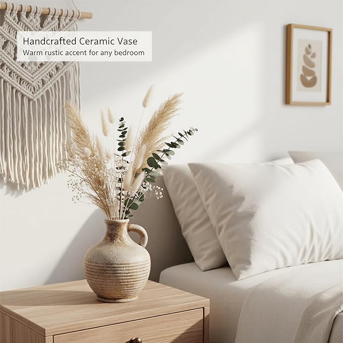 6-Inch Terracotta Ceramic Flower Vase with Handles, Rustic Farmhouse Boho Pottery Centerpiece for Table, Living Room, Shelf & Mantel