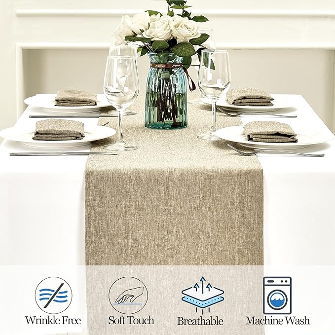 Mebakuk Linen Farmhouse Table Runner Large Burlap Style Soft and Waterproof Decorative Fabric Runner for Outdoor Wedding and Dinner (14 x 90 Inch, Mocha)