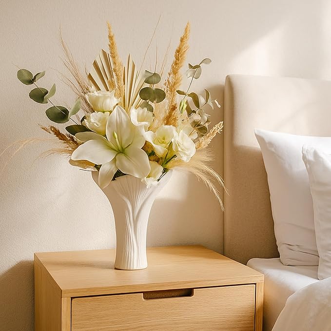 Ceramic Vase Set of 2 - White Tree Bark Textured Vases for Modern Farmhouse & Centerpiece Decor, Nature-Inspired Flower Vase for Home, Office, Wedding (Gift Ready)