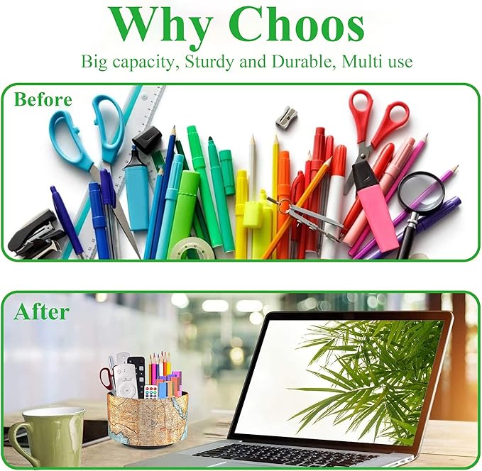 Hennaja Round Leather Art Supply Organizer,Remote Control Holder,360 Degree Rotating,Multi-Functional Pencil Holder,4 Compartments Desktop Stationary Organizer(1-Vintage Map)