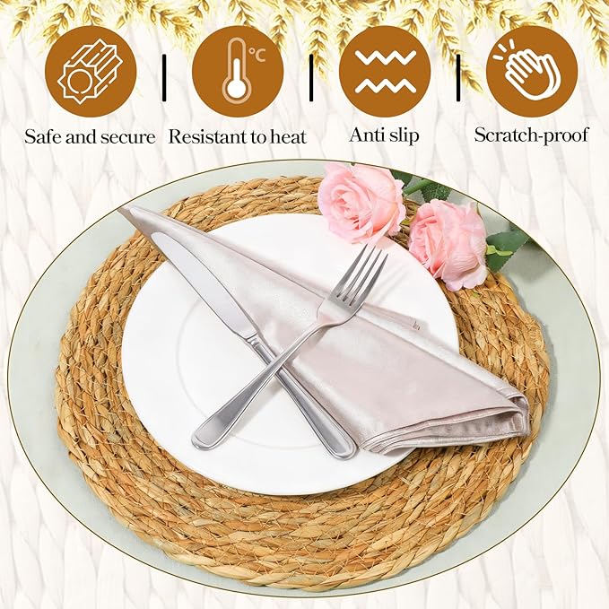SHENLIU 12 PCS 13.5'' Round Rattan Placemats, Round Woven Placemats Plate, Boho Farmhouse Rustic Woven Place Mats for Dining Table Decor Rustic Home Decor Wedding Reception Farmhouse Christmas