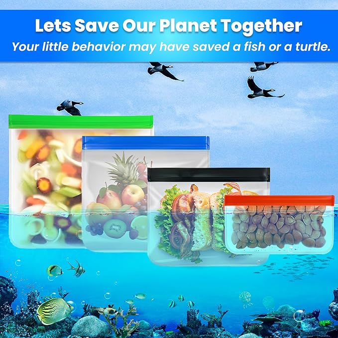 12-Pack Reusable Silicone Gallon Ziplock Freezer Bags – Extra Thick, BPA-Free, Leakproof, Stand-Up & Dishwasher Safe – Large Food Storage Bags for Meal Prep, Marinating, Travel & Kitchen Organization