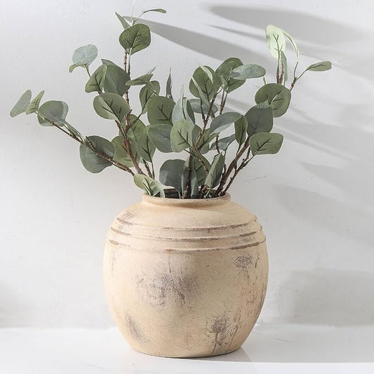 Ceramic Flower Vase, 8.66 inch Tall Round Rustic Farmhouse Decorative Vase for Home Decor, Living Room Entryway Table Centerpiece Decor