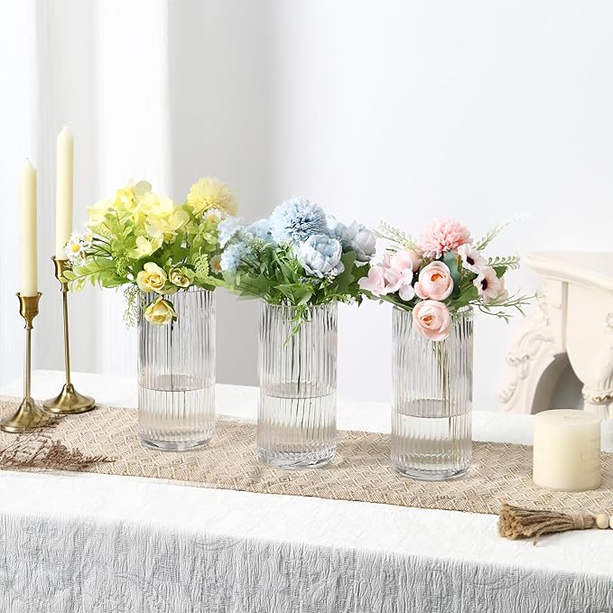 Clear Glass Vases, Flower Vases Set of 3, Ribbed Glass Vase for Tulips, Tall Cylinder Glass Vases for Living Room, Bedroom, Dining Table, Office, Wedding, Bookshelf Decoration, 8 Inches