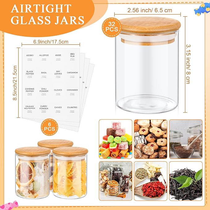 Zubebe 32 Pieces 7 oz Glass Spice Jars with Bamboo Lids and Labels, Large Clear Spice Containers with 660 Spice Labels Airtight Canisters Sets for Kitchen Seasoning Jars Storage Herbal Teas, Coffee