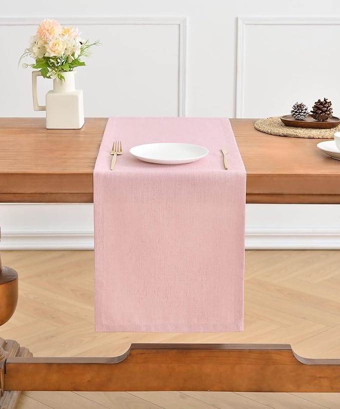 Wracra Linen Style Table Runner, Rustic Farmhouse Pink Table Runners 108 Inches Long, Handcrafted Table Runner for Fall, Winter - Everyday Use and Machine Washable