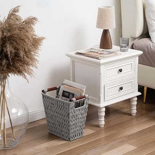 GRANNY SAYS Woven Waste Basket, Gray Wicker Basket with Wood Handles, Wicker Waste Basket for Bathroom Living Room, 1-Pack, 13" x 7 ½" x 12 ½"