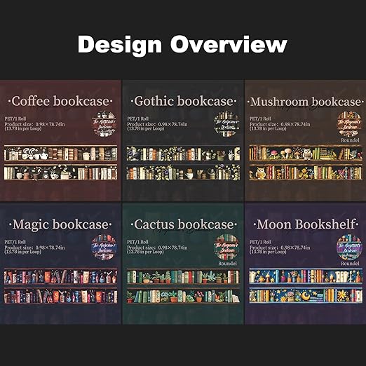 Magician’s Bookcase PET Tapes – 6 Rolls of Fantasy Embroidery-Style Bookcase Designs with Clip, for Scrapbook, Journal, Junk Journal, Planner and DIY Decor