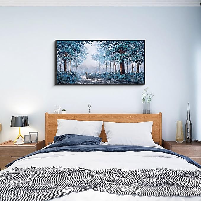 KLAKLA Black Frame Border Bedroom Art - Prussian Blue Tree Wall Art for Living Room Framed Artwork Blue Leaves Plant Forest Wall Decor Canvas Wall Art for Office Home Decor