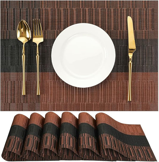 Placemats Set of 6, Vinyl Woven Place Mats Indoor Set of 6 Washable Wipeable PVC Table Mats Heat-Resistant Non Slip Plastic Placemat for Kitchen Dining Outdoor Table (Black Brown, Set of 6)