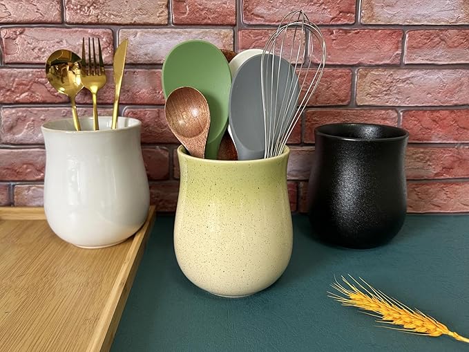 Medium Ceramic Kitchen Utensil Holder for Kitchen Counter Short Cooking Utensil Holder for Countertop Spatula Holder Small Utensil Crock Cutlery Holder Silverware Caddy Flower Vase (Yellow Green)